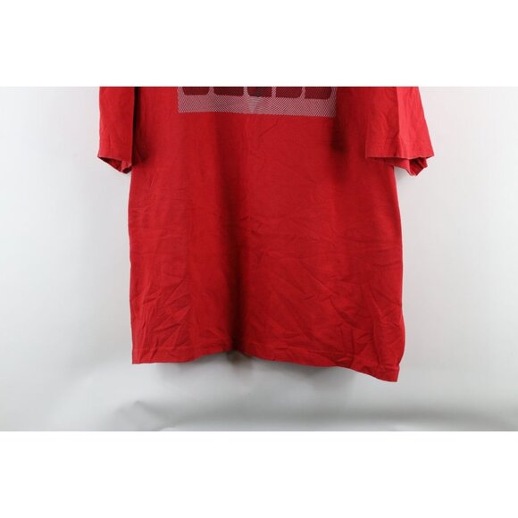 Vintage 90s Guess Mens 2XL Distressed Spell Out Box Logo Trippy T-Shirt Red - Picture 3 of 11